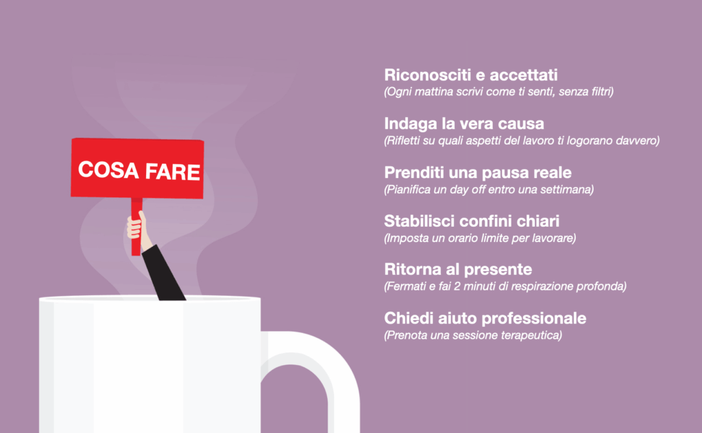 infografica con consigli di psicologia per uscire dal burnout cosa fare